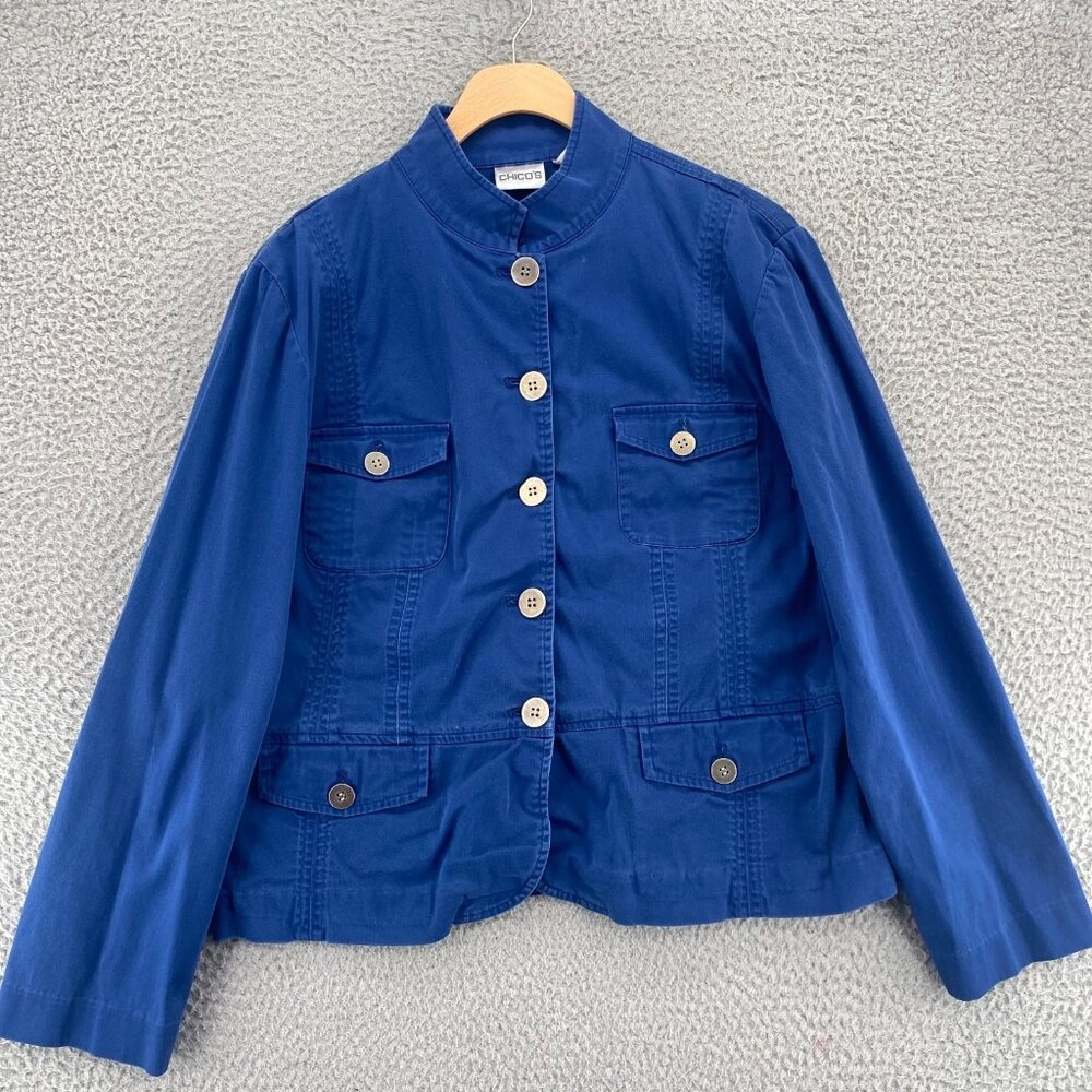 Chicos Jacket Womens 2 US Large Blue Button Front Pocket Denim Casual Everyday